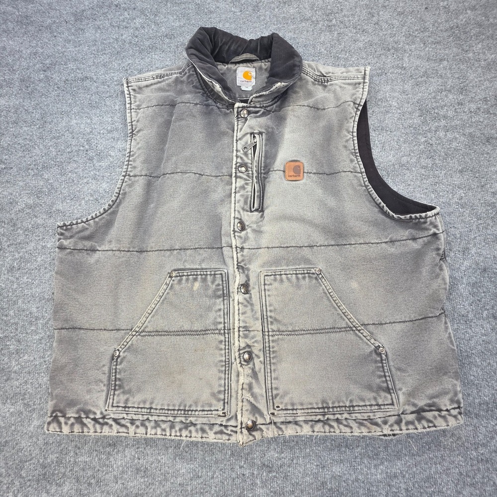 Vintage Carhartt Vest Men's 2XL Gray Faded Distressed Thrashed Snap Lined